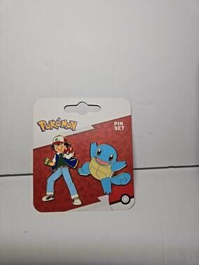 NEW ON CARD Pokemon Ash And Squirtle 2 Piece Metal Enamel Pin Set!